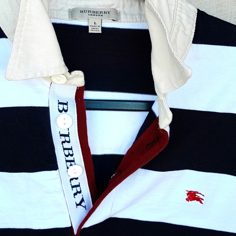 Burberry London Navy Blue Striped Rugby Long Sleeve Polo Embroidered!